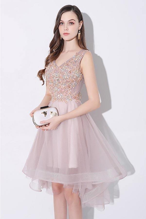 Tulle High Low V-neck Homecoming Prom Dress Sleeveless