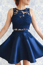 Two Piece Dark Satin Homecoming Dress with Lace Appliques