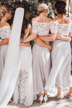 Two Piece Off-the-Shoulder Grey Chiffon Bridesmaid Dress with Lace