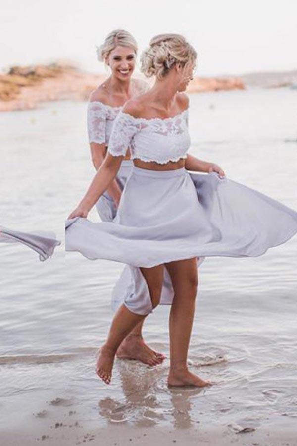 Two Piece Off-the-Shoulder Grey Chiffon Bridesmaid Dress with Lace