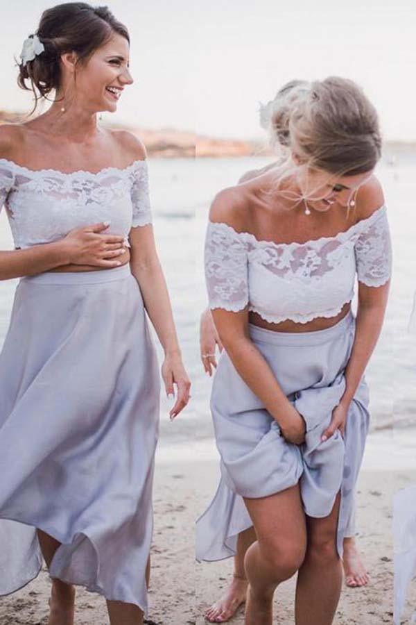 Two Piece Off-the-Shoulder Grey Chiffon Bridesmaid Dress with Lace
