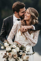 Two Piece Round Neck Lace Top Iovry Chiffon Dress with Long Sleeves