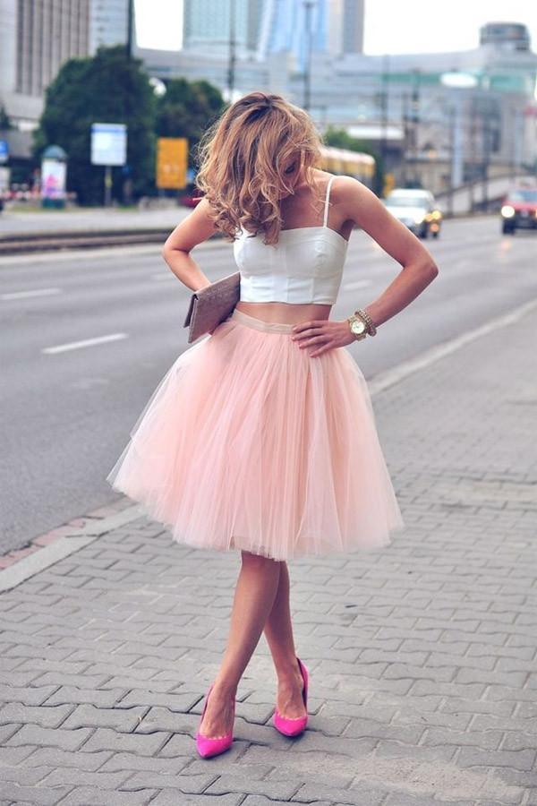 Two Piece Tulle Spaghetti-Strap Sleeveless Homecoming Dresses