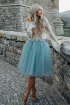 Two Piece Tulle See Through Long Sleeve Lace Homecoming Dress
