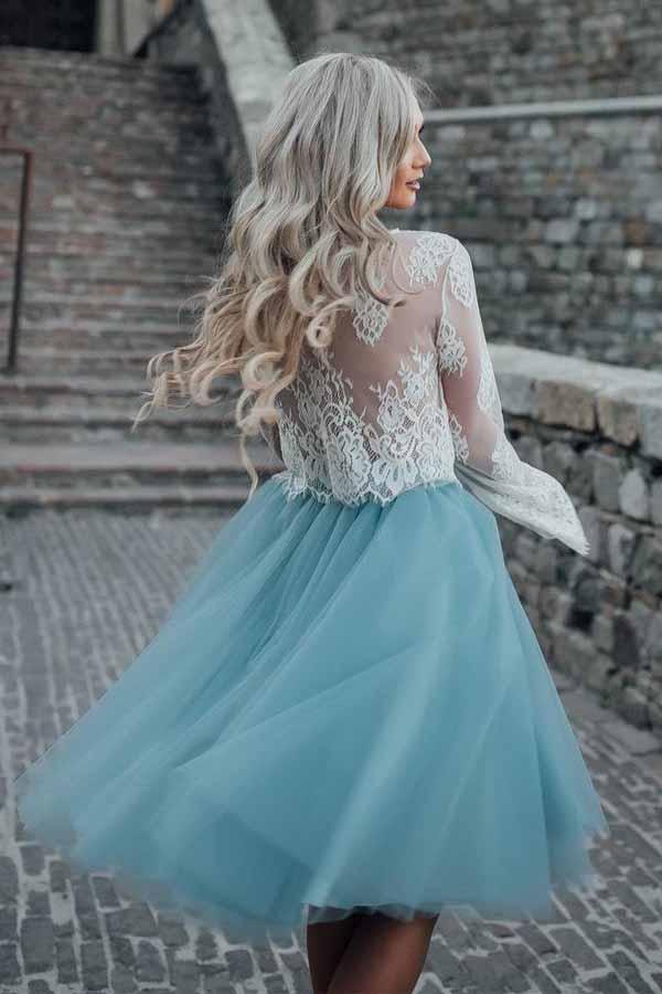 Two Piece Tulle See Through Long Sleeve Lace Homecoming Dress