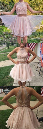 Two Pieces High Neck Beading Short Homecoming Dresses