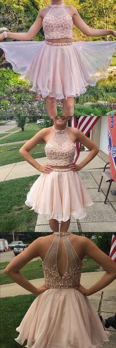 Two Pieces High Neck Beading Short Homecoming Dresses
