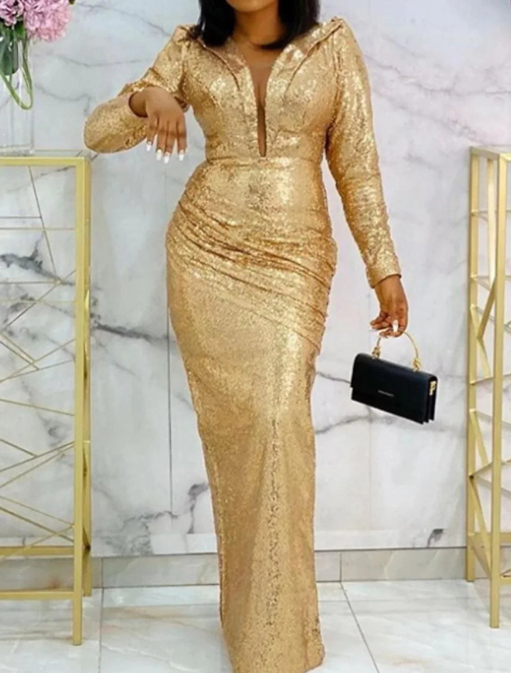 Sheath / Column Elegant Formal Evening Dress Plunging Neck Long Sleeve Floor Length Stretch Satin with Sequin