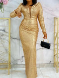Sheath / Column Elegant Formal Evening Dress Plunging Neck Long Sleeve Floor Length Stretch Satin with Sequin