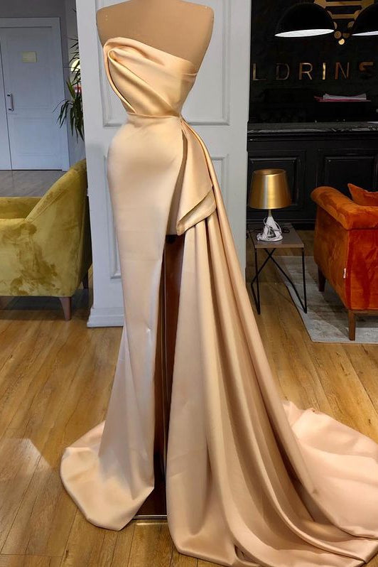 UniqueChampagne Prom Dress Side Split Evening Ball Dresses Long