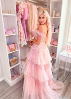 A Line Off the Shoulder Light Pink Long Prom Dress with Ruffles