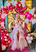 A Line Off the Shoulder Light Pink Long Prom Dress with Ruffles