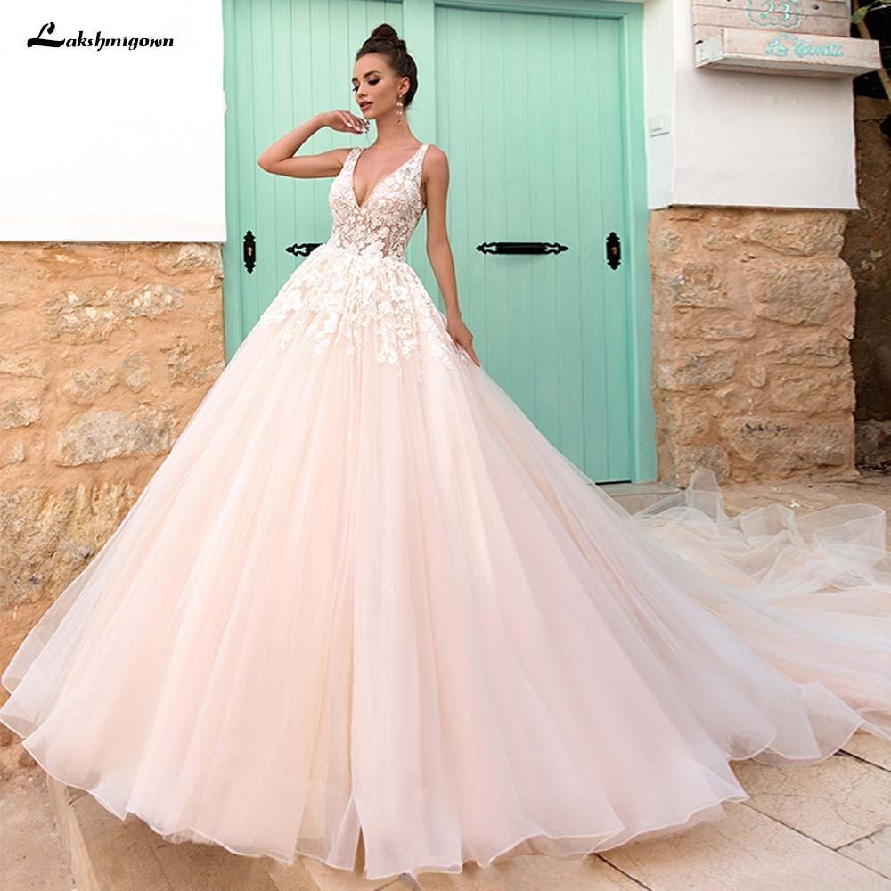 NumberSea V-Neck A Line Lace Wedding Dresses Applique Beading