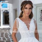 NumberSea V-Neck A Line Satin Wedding Dresses Elegant Appliques