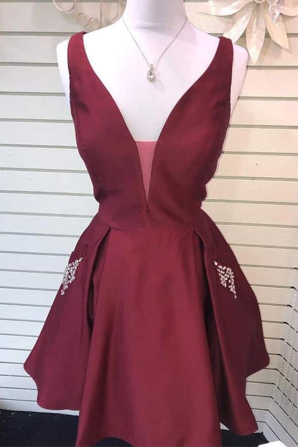V-Neck Satin Cute Homecoming Dress with Pockets