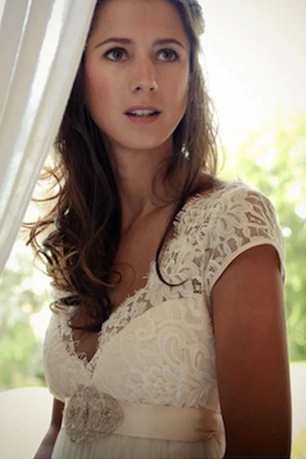V-neck Cap Sleeves Sweep Train Backless Wedding Dress With Sash