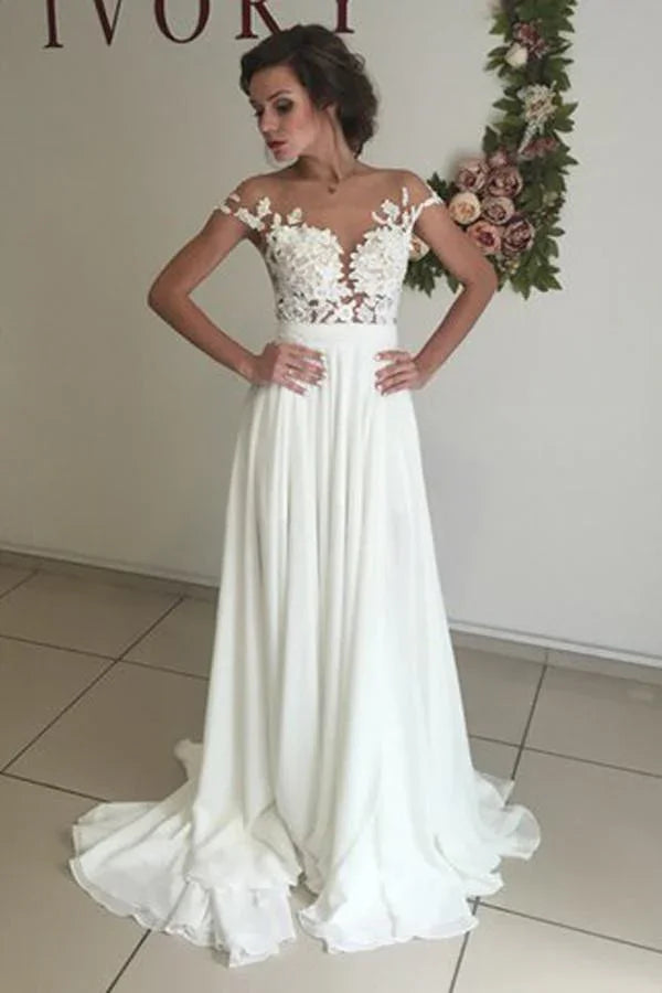 V-neck Cap Sleeves Sweep Train Ivory Wedding Dress with Appliques