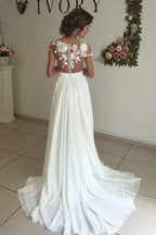 V-neck Cap Sleeves Sweep Train Ivory Wedding Dress with Appliques