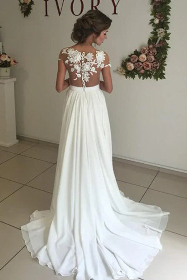 V-neck Cap Sleeves Sweep Train Ivory Wedding Dress with Appliques