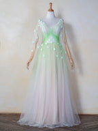 V-neck 3D Applique Floor Length Tulle Prom Dress