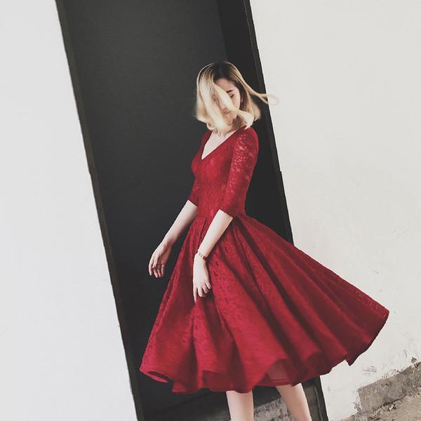 V Neck Half Sleeves  Lace Homecoming Dress Short Prom Dress