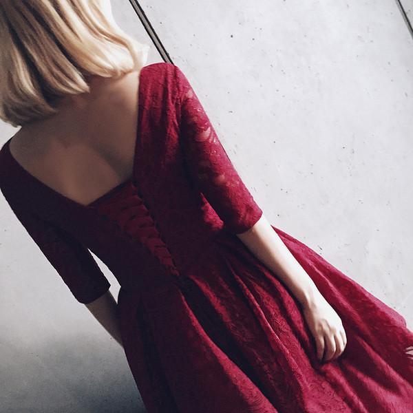 V Neck Half Sleeves  Lace Homecoming Dress Short Prom Dress