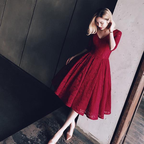 V Neck Half Sleeves  Lace Homecoming Dress Short Prom Dress