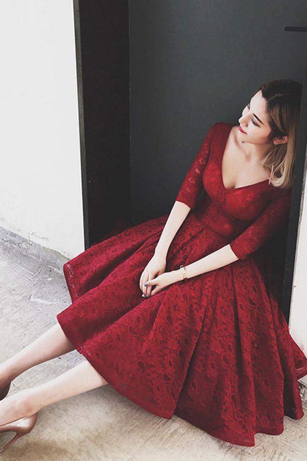 V Neck Half Sleeves  Lace Homecoming Dress Short Prom Dress