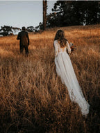 V-Neck Polka Dot Lace Open Back Long Sleeve  Boho Bridal Gown