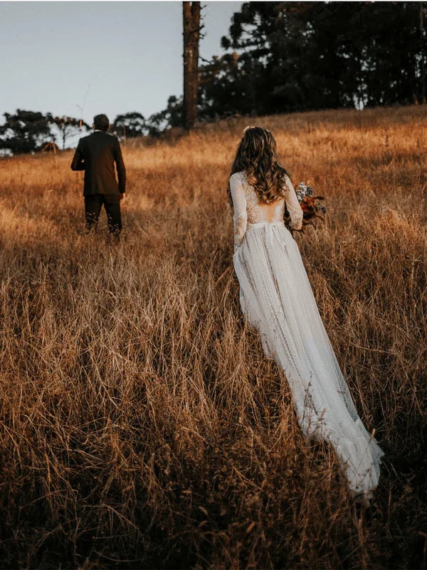 V-Neck Polka Dot Lace Open Back Long Sleeve  Boho Bridal Gown