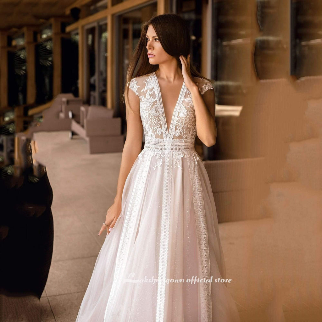 NumberSea V Neck Wedding Dresses A Line Cap Sleeve