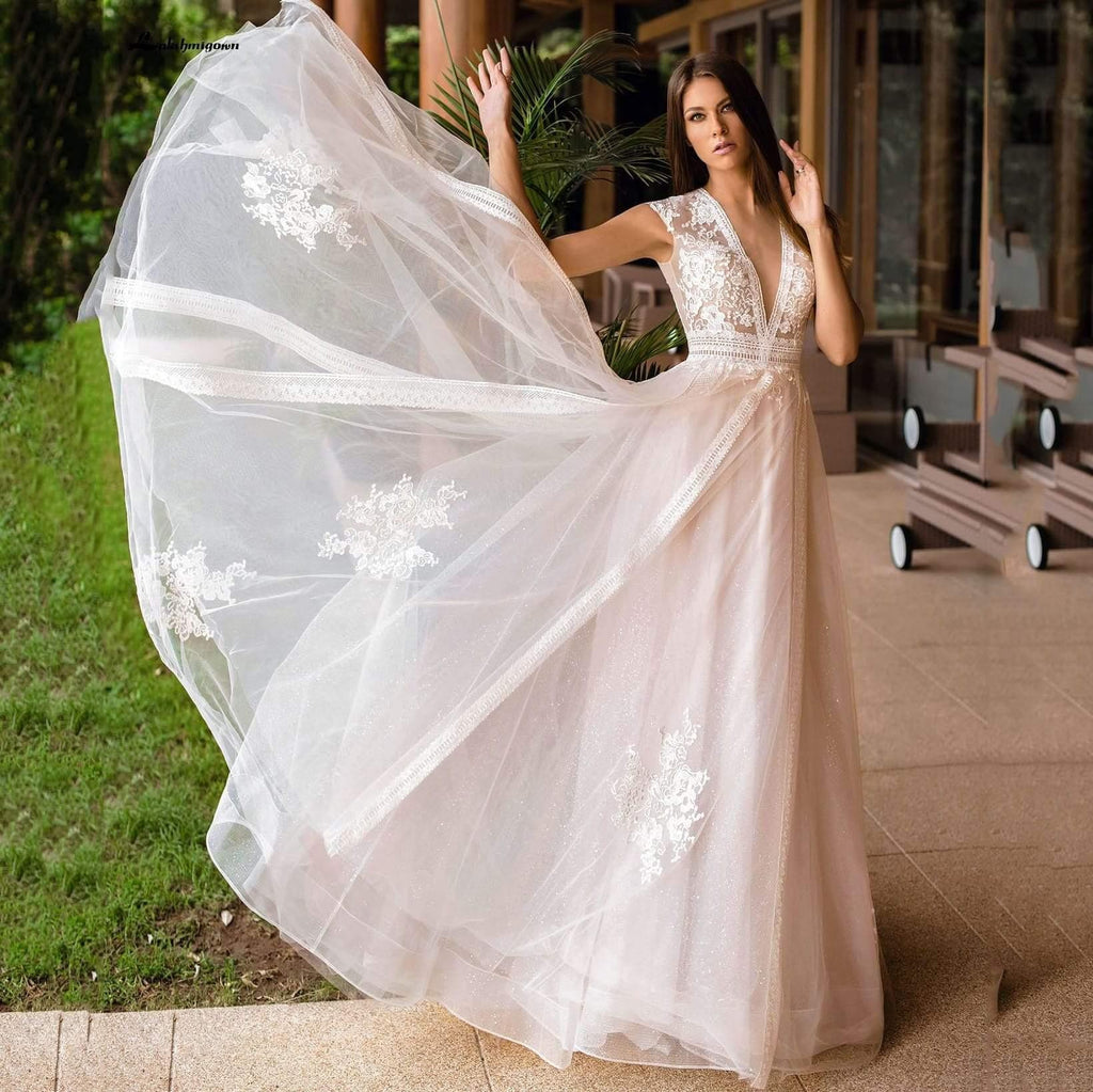 NumberSea V Neck Wedding Dresses A Line Cap Sleeve