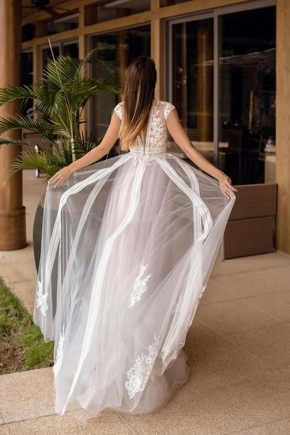 NumberSea V Neck Wedding Dresses A Line Cap Sleeve
