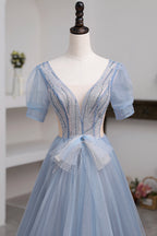 Short Sleeve Tulle Floor Length Prom Dress with Beaded