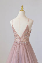 Pink Tulle Long A-Line Prom Dress, Pink Spaghetti Formal Dress with Beaded