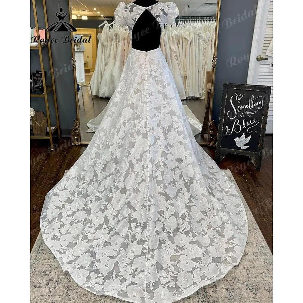 vestido novia Princess Short Puff Sleeve Lace Floral O-Neck Open Back Wedding Dress for Bride Court Train Wedding Gown
