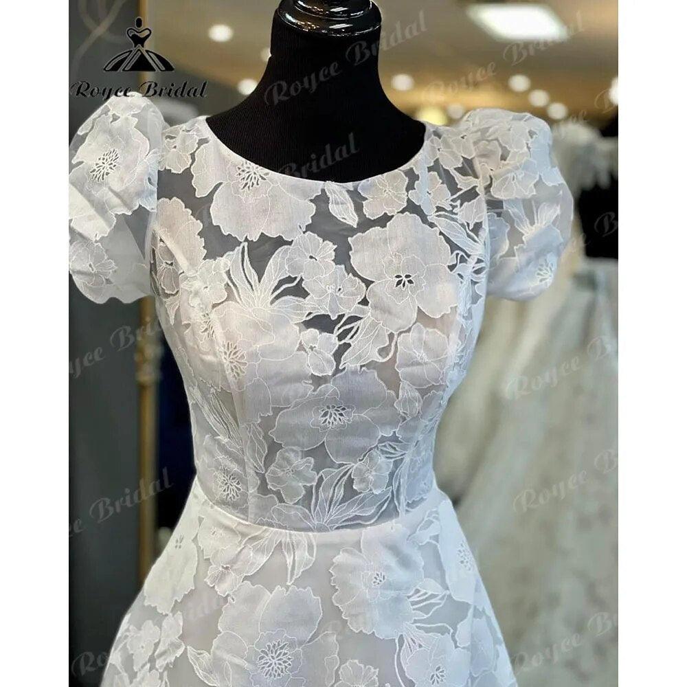 vestido novia Princess Short Puff Sleeve Lace Floral O-Neck Open Back Wedding Dress for Bride Court Train Wedding Gown