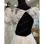 vestido novia Princess Short Puff Sleeve Lace Floral O-Neck Open Back Wedding Dress for Bride Court Train Wedding Gown