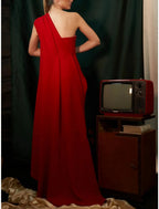 Sheath / Column Evening Gown Christmas Red Green Dress Elegant Dress Formal Sweep / Brush Train Sleeveless One Shoulder Stretch Chiffon with Pleats Ruched
