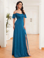 New Off Shoulder A-Line Side Split Sparkle Chiffon Bridesmaid Dress Adjustable Spaghetti Strap Ruffle Plus Size Evening Dress