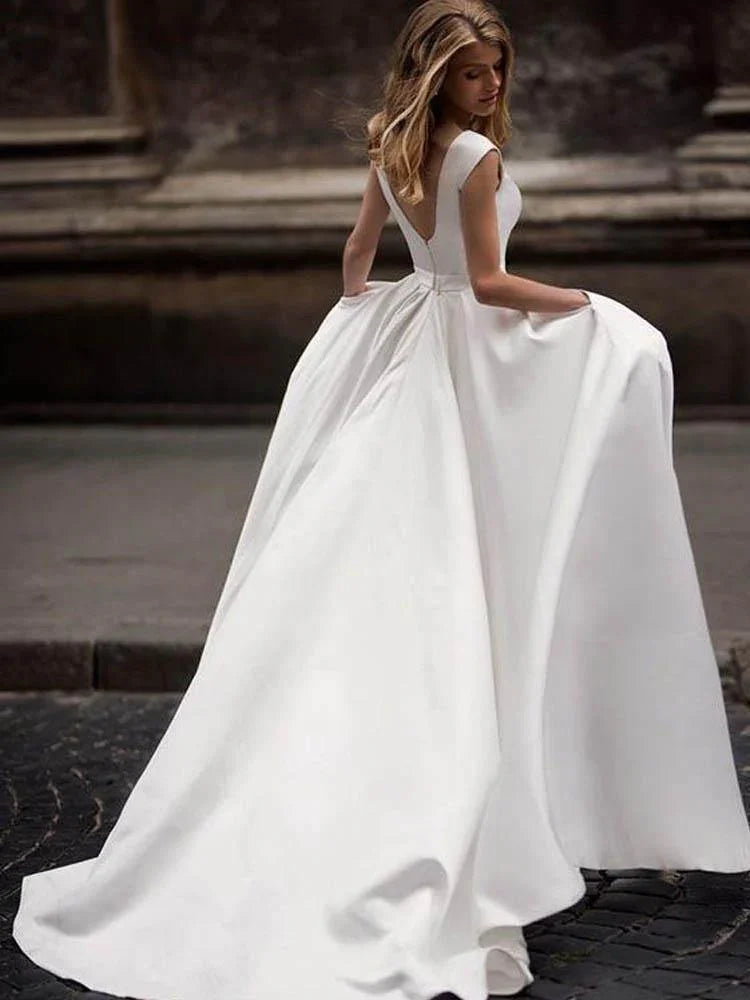 Vintage A-line Princess Ivory Satin Long Wedding Dresses with Pockets