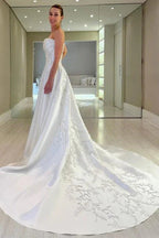 Vintage A-Line Satin Sleeveless Long Wedding Dress With Appliques