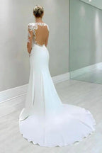 Vintage Column Satin Lace Long Sleeve Wedding Dress With Appliques