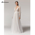 NumberSea Vintage Deep V Champagne Wedding Dress A Line long sleeves