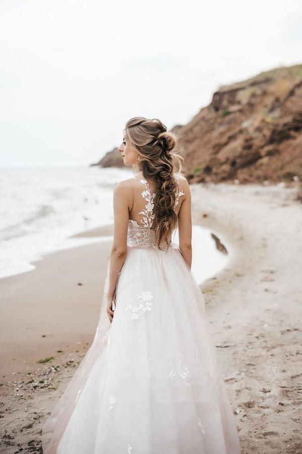 Vintage Lace Scoop Neckline A Line Tulle Wedding Bridal Dress