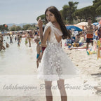NumberSea Vintage Lace Short Wedding Dress Beach Deep V Neck Sexy
