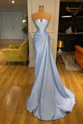 Vintage Long Blue Mermaid Evening Dresses Simple Sleeveless Prom Dresses