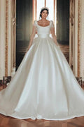 Vintage Long  A-line Square Neck Satin Glitter Wedding Dress with Long Sleeves