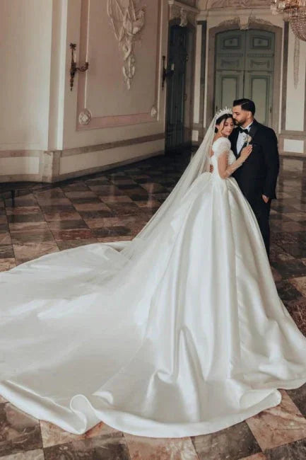 Vintage Long  A-line Square Neck Satin Glitter Wedding Dress with Long Sleeves