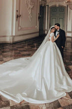 Vintage Long  A-line Square Neck Satin Glitter Wedding Dress with Long Sleeves